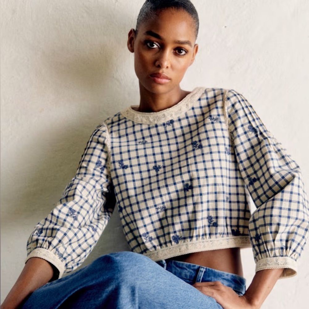 Sezane Thalyna Cropped Blouse Floral Embroidery on Vichy Fabric - US 6 EU 38